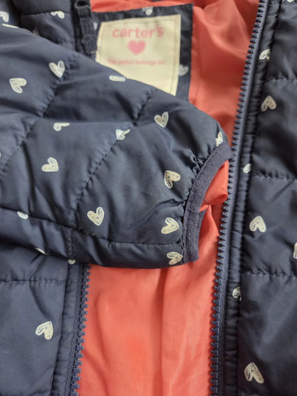 Carter's Navy Puffer Jacket with White Hearts and Pink Interior, 3T